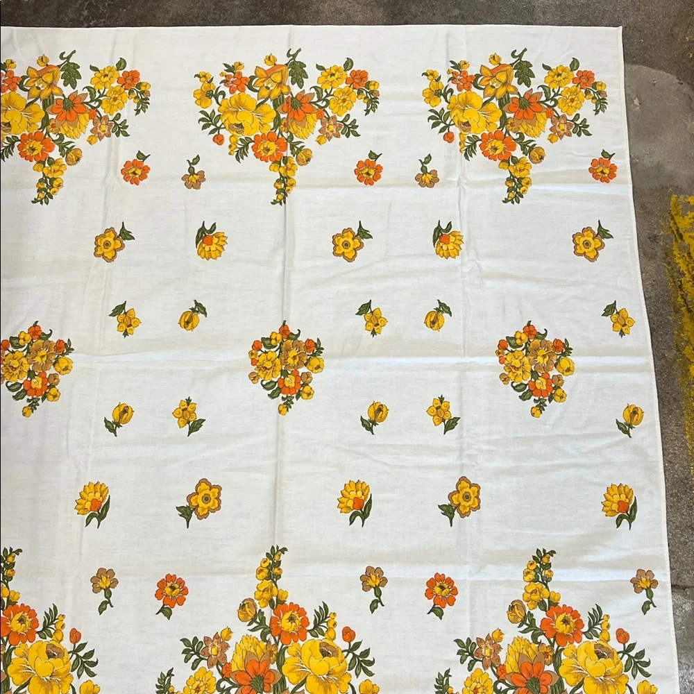 Vintage floral 52”X 48” squareish tablecloth yellow & oranges cotton Handmade